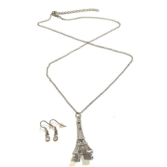 Eiffel Tower Necklace Earrings Set Silver Tone - Picture 4 of 4